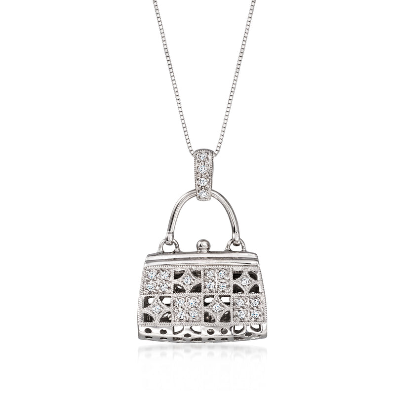 Diamond purse-shaped pendant necklace in 14kt white gold with arched bail