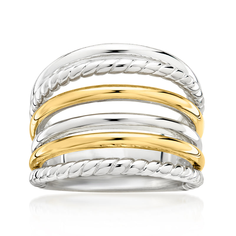 Stacked multi-row braided ring, silver with yellow gold center band