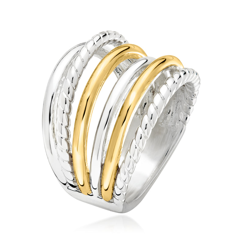 Triple-band braided ring with gold center stripe and polished silver sides