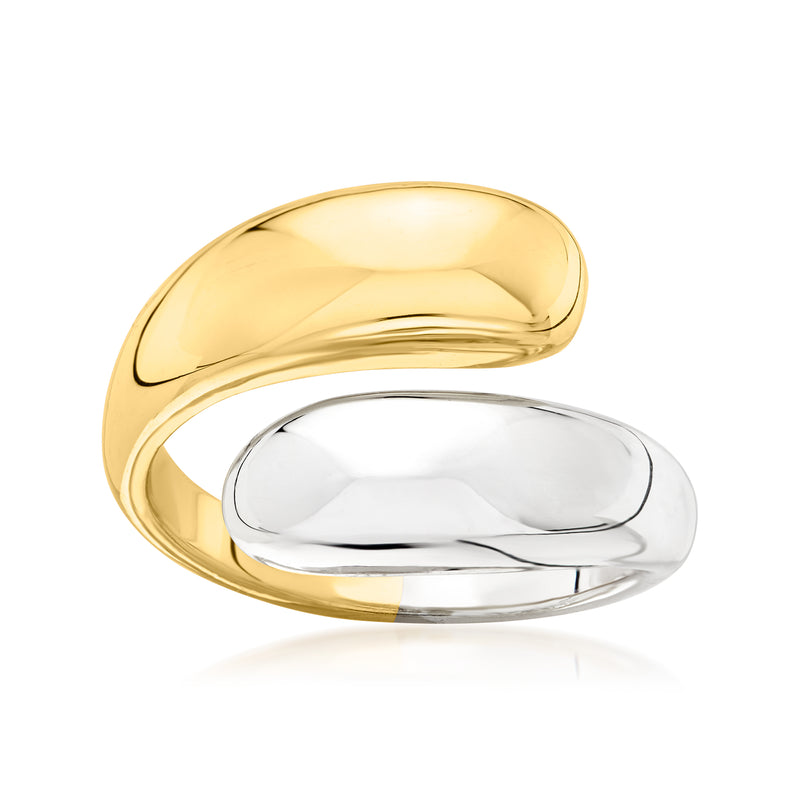 Two-tone bypass ring with polished gold over silver band, smooth domed profile