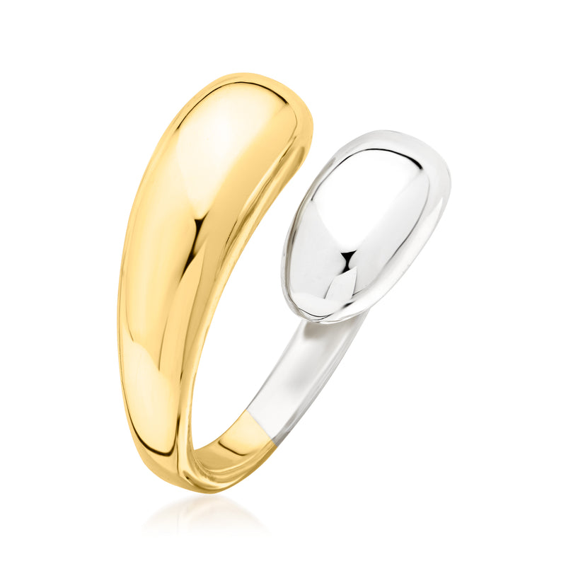 Polished two-tone bypass ring, rounded gold top crossing a silver inner band