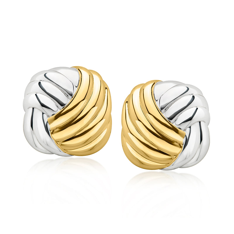 Twisted square stud earrings with alternating silver and gold-plated ridges, post backs