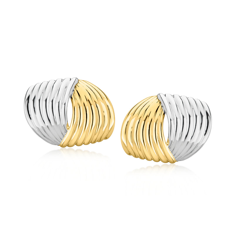 Twisted post earrings, silver and 14kt gold-plated, ribbed half-hoop design