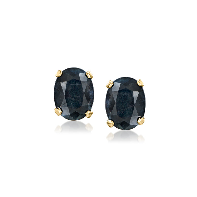 Oval dark sapphire stud earrings in 14kt yellow gold, bezel settings