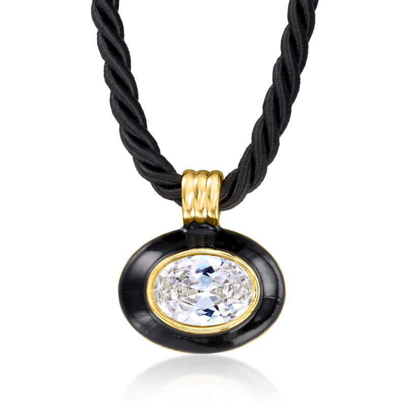 Black cord necklace with gold-tone bezel and large round CZ in black enamel pendant