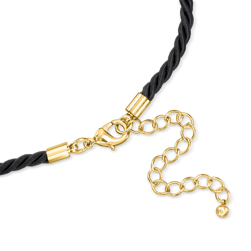 Black cord necklace clasp and gold-tone chain extender with small round charm