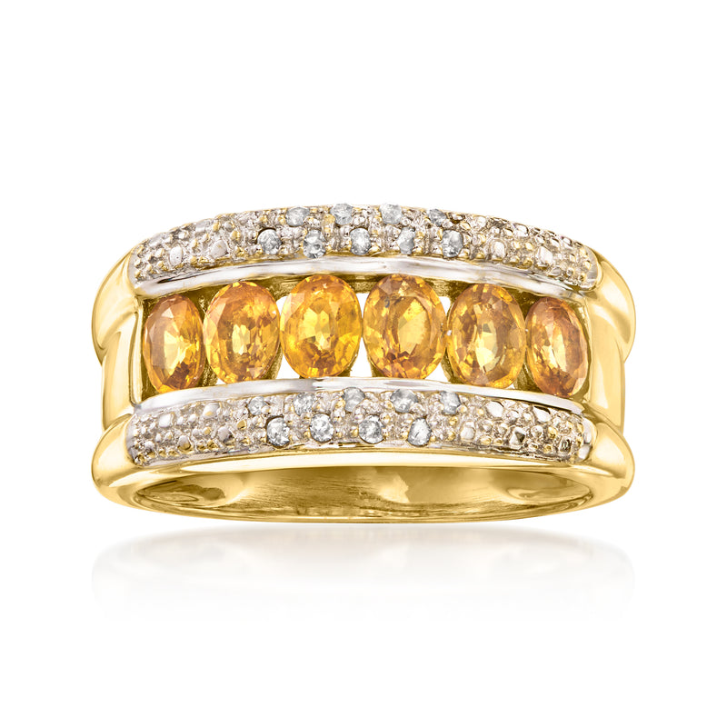 Vintage 14kt yellow gold ring with oval yellow sapphires and diamond pave bands