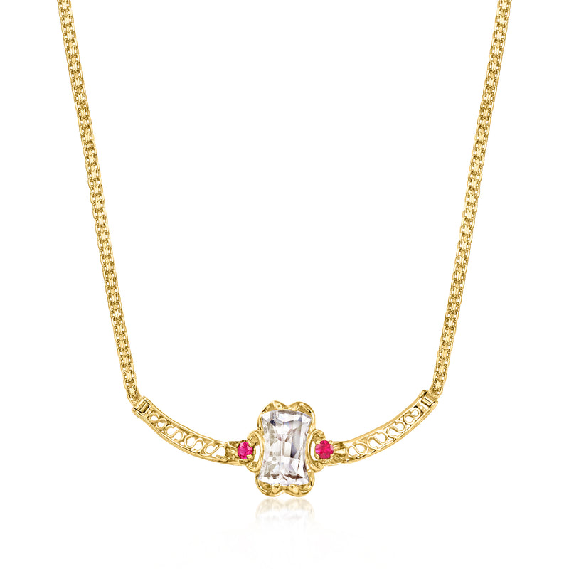 14kt yellow gold necklace with faceted white centerpiece and ruby red accents
