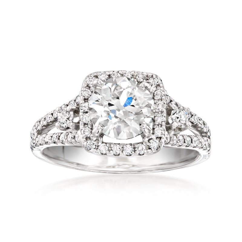 Vintage 18kt white gold diamond ring with cushion halo and pavé band