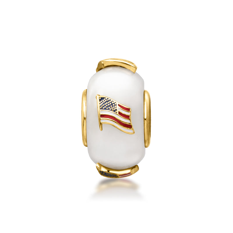 White bead charm with American flag enamel, gold-tone oval borders