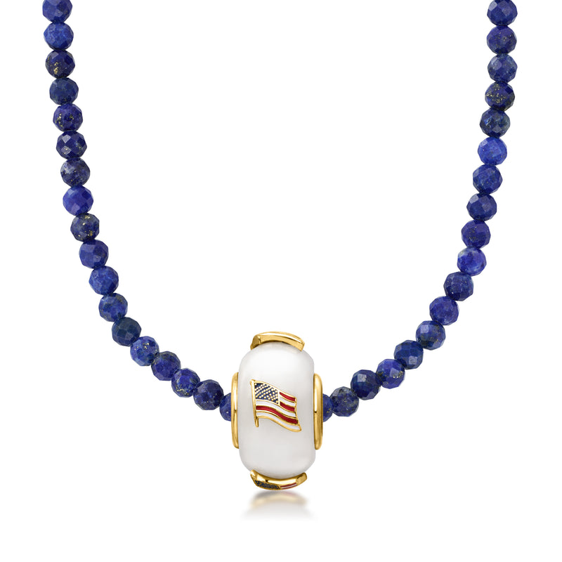 American flag bead charm centered on blue beaded necklace with gold-tone frame