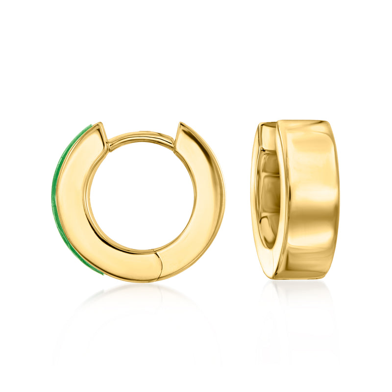 Gold over sterling huggie hoop earrings with green jade inlay, side view