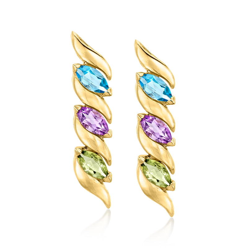 14kt yellow gold drop earrings with blue, purple, and green gemstones