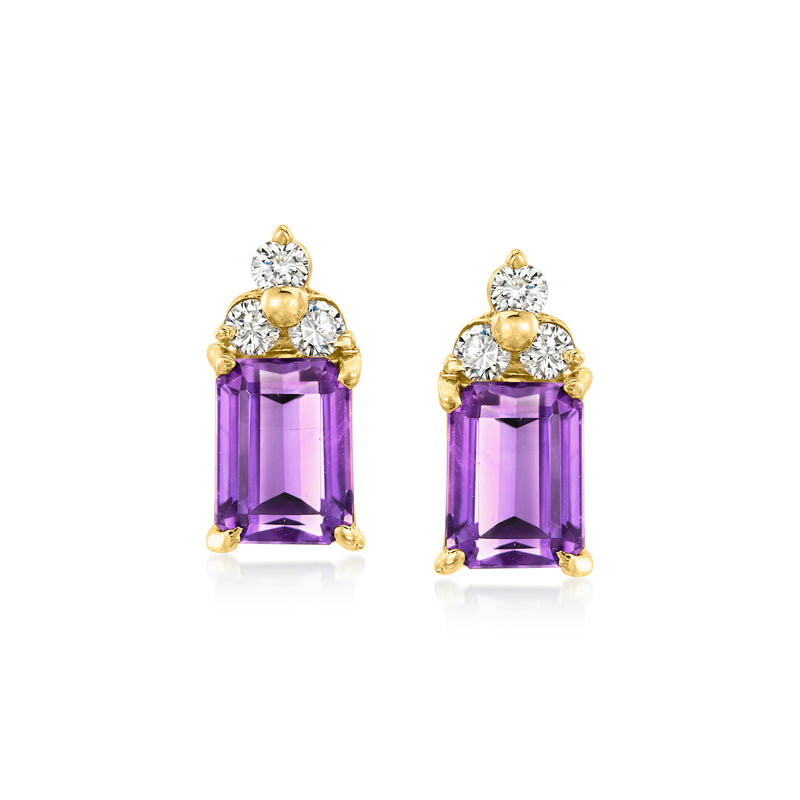 Amethyst and diamond stud earrings in 18kt yellow gold, rectangular amethyst with halos