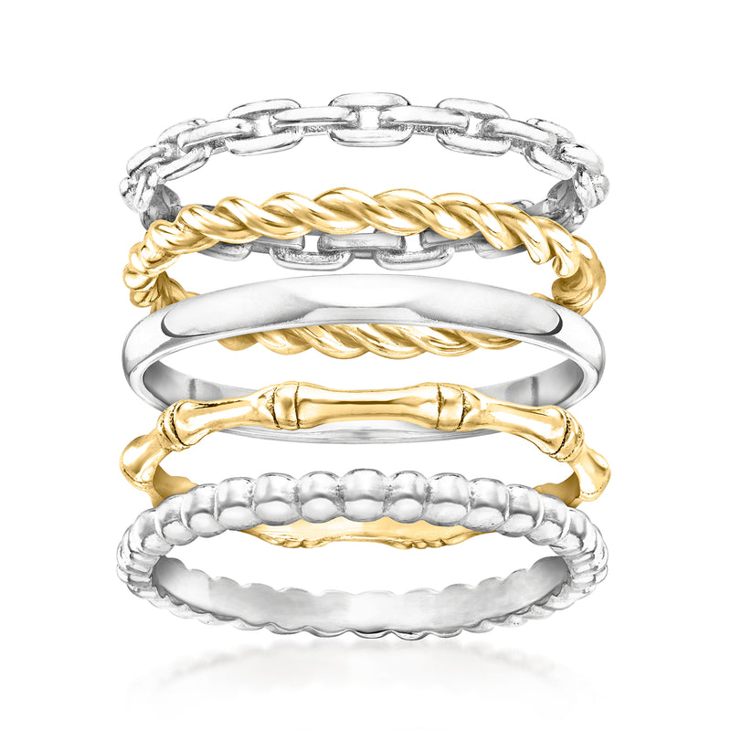 Five stackable rings: silver chain, gold rope, smooth gold, and beaded silver bands