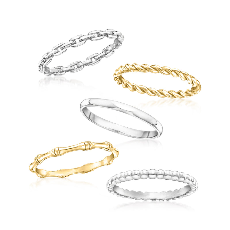 Five rings: silver chain-link, gold rope twist, smooth silver, gold textured, beaded silver