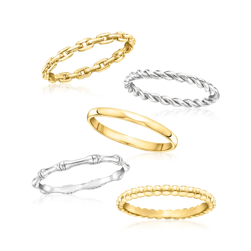 Stackable ring set with five bands: gold, silver, and scalloped bead styles