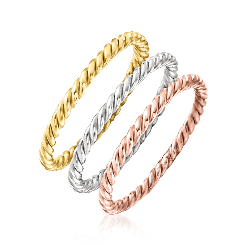 Roped three-ring set with gold, silver, and rose twisted bands