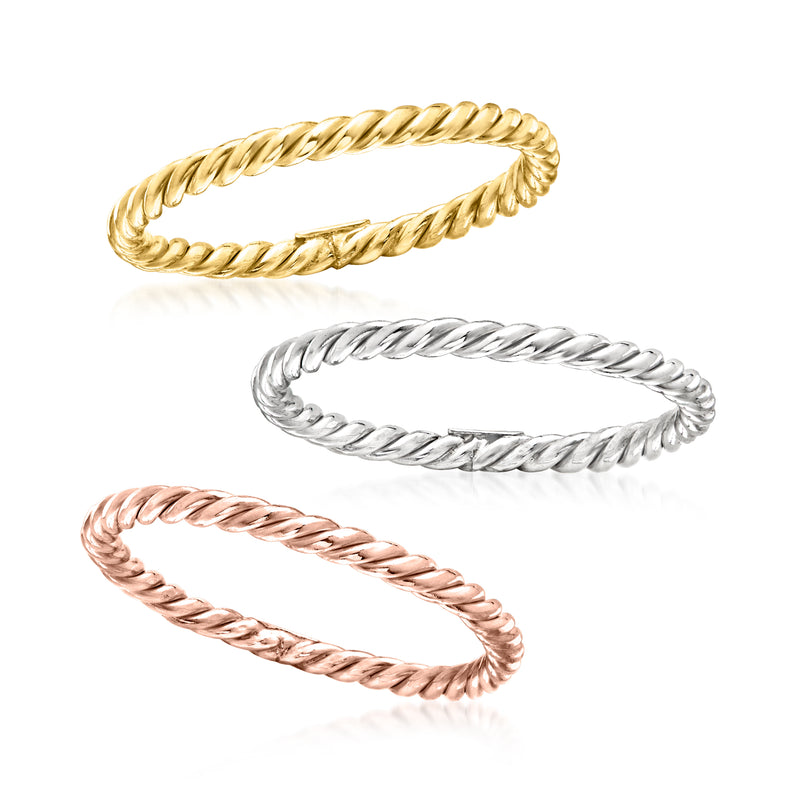 Three roped rings: gold top, silver middle, rose bottom, two-tone twisted look