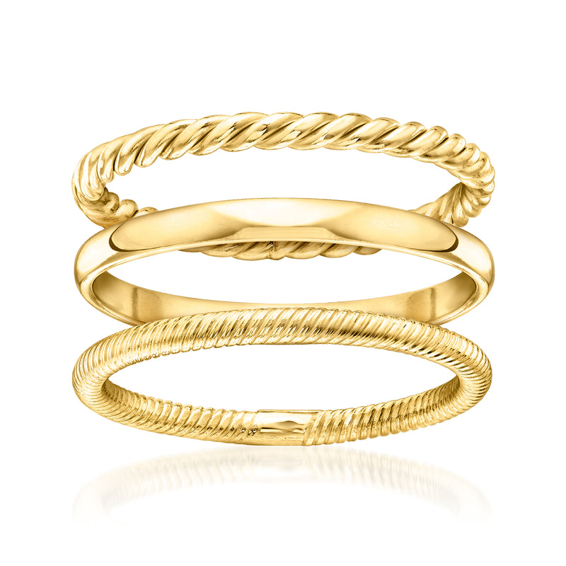 Three stackable gold-tone rings: braided rope, smooth band, and braided rope band set.