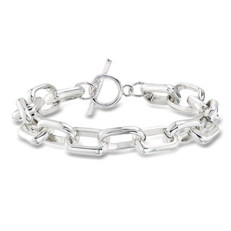 Sterling silver-plated link toggle bracelet with oval clasp and chain links