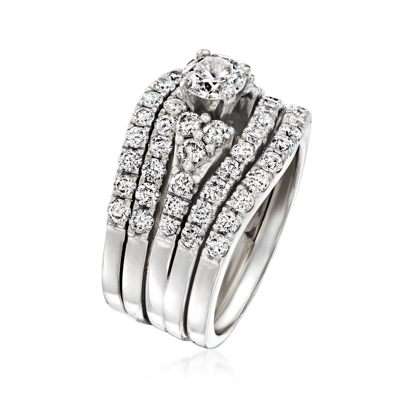 Diamond multi-row ring in 14kt white gold with round center stone