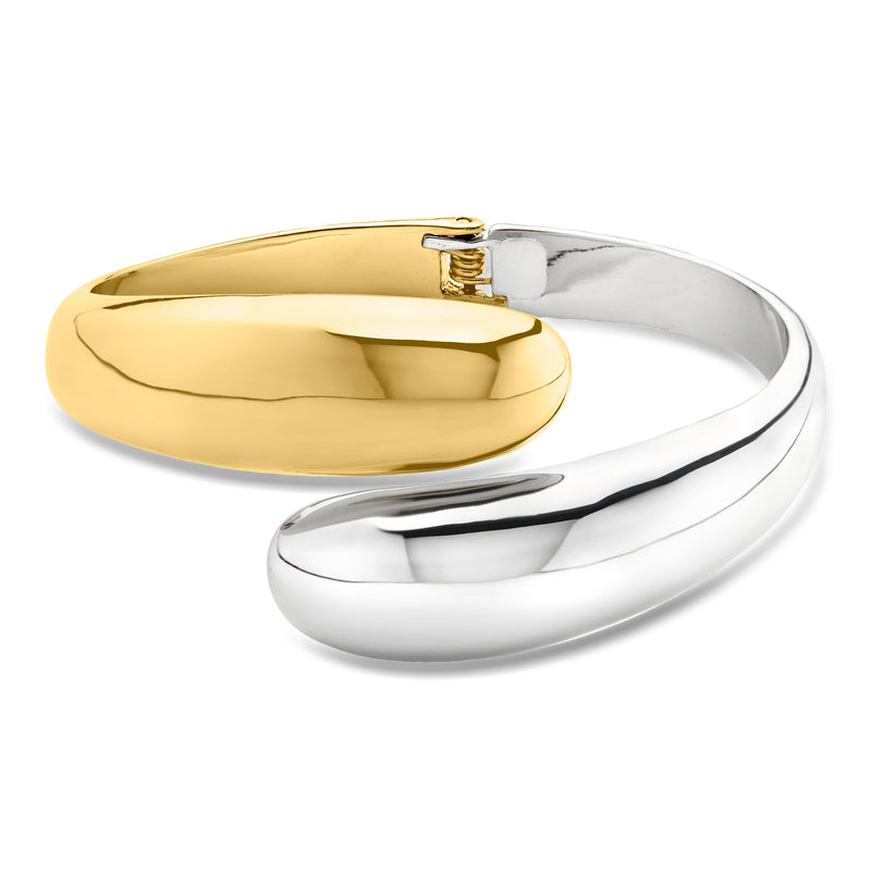 Two-tone silver and gold-plated cuff bracelet with smooth bypass oval design
