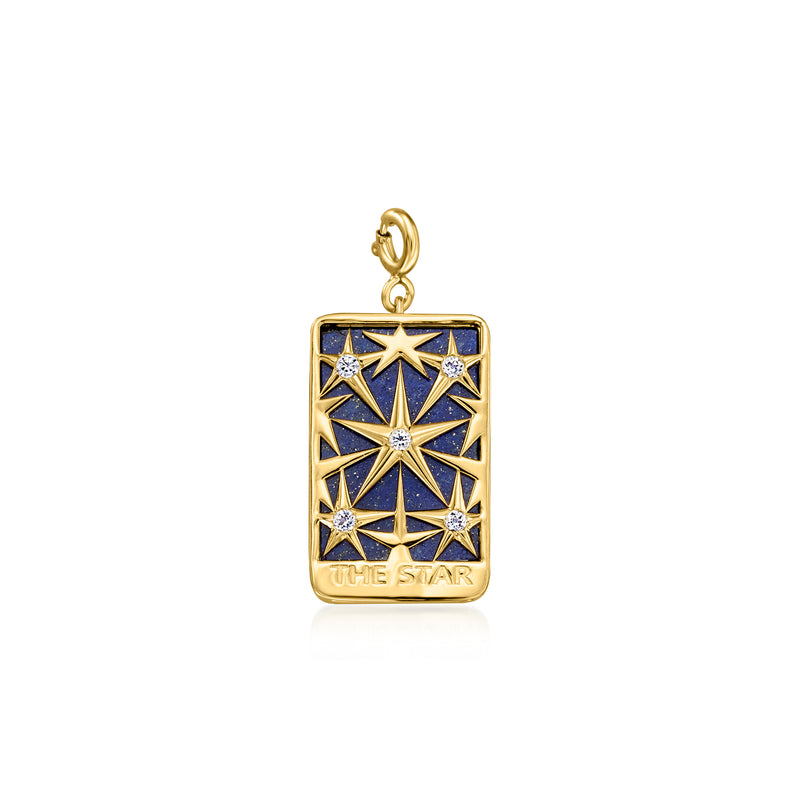 Gold-tone tarot charm with dark blue enamel square and star pattern, top loop bail
