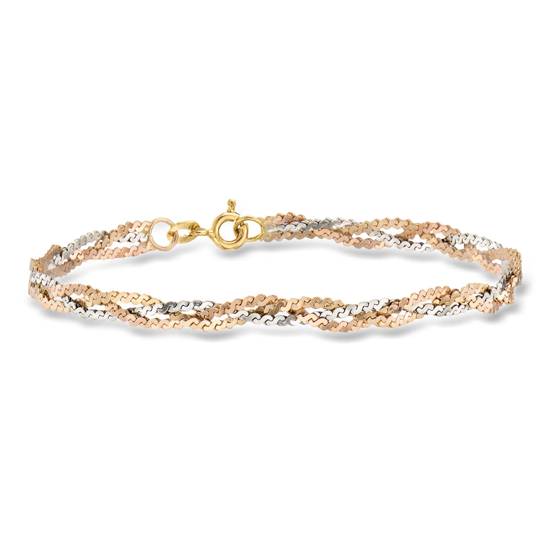 Two-tone gold braided bracelet with small clasp and woven link pattern