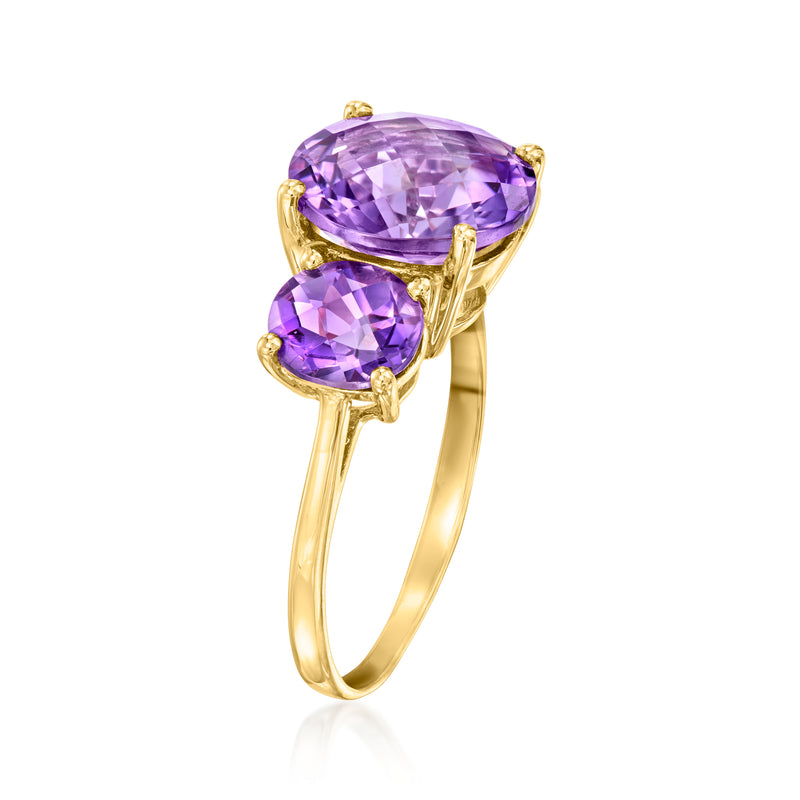 C. 1990 Vintage 5.85 ct. t.w. Amethyst Three-Stone Ring in 14kt Yellow Gold. Size 8