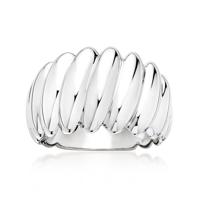 Italian rhodium-plated bubble ring with polished silver scalloped band