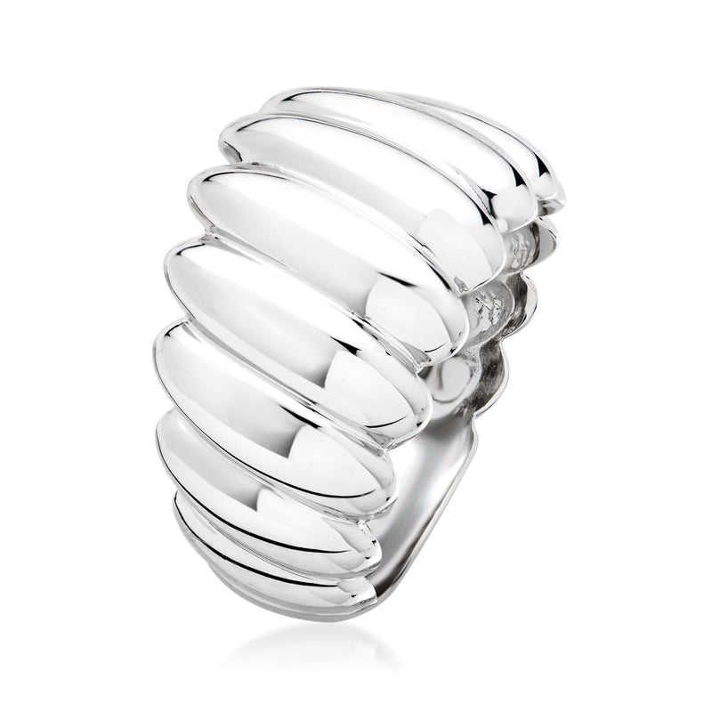 Polished rhodium-plated bubble ring, rounded stacked links in silver