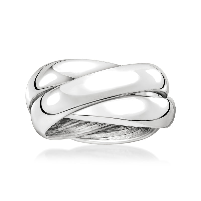 Rhodium-plated rolling ring with smooth interwoven polished bands