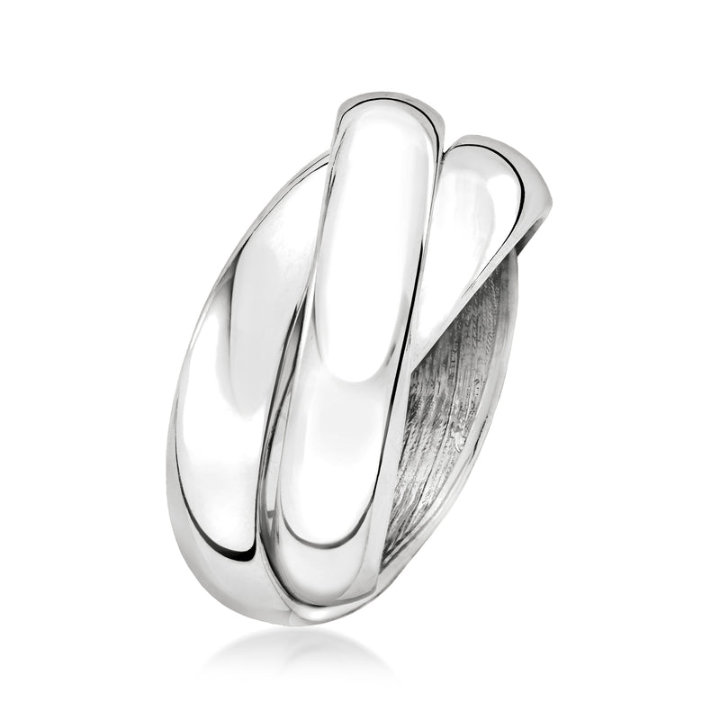 Rhodium-plated rolling ring with shiny curved interwoven band design