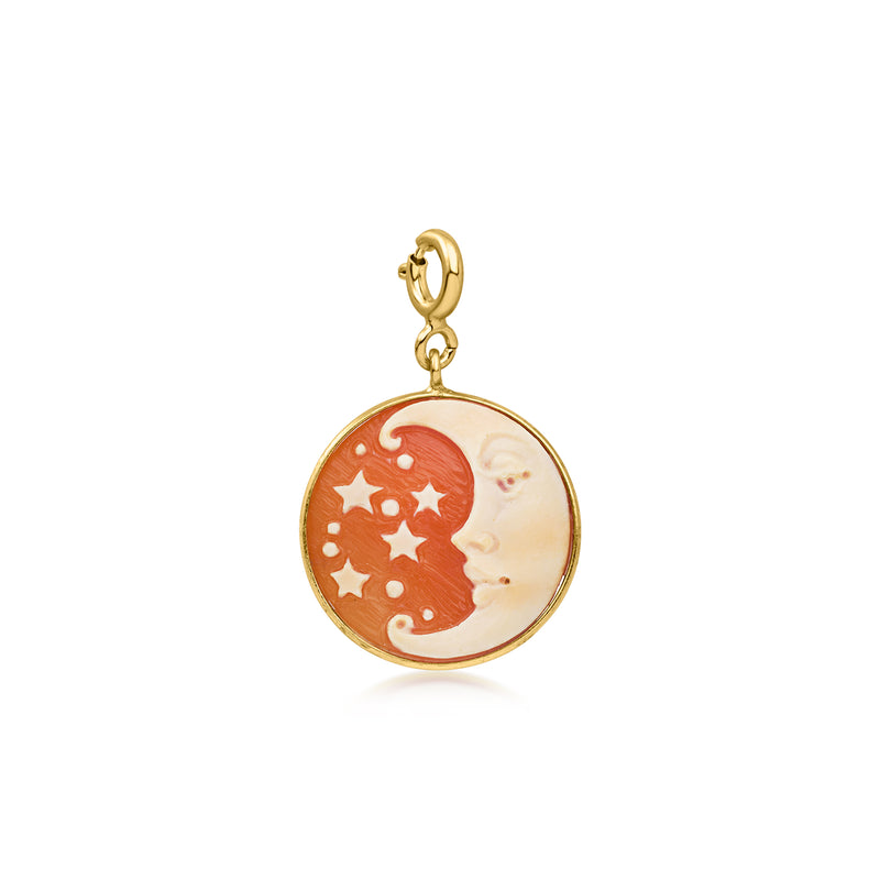 Orange shell crescent moon cameo charm in gold-tone with profile and stars