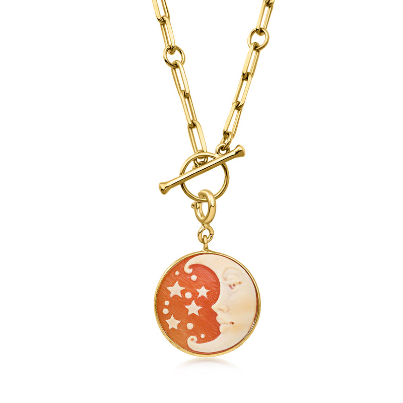Orange shell crescent moon cameo charm on gold chain, round cameo pendant