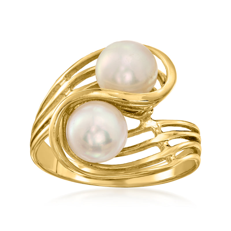 Vintage bypass pearl ring in 14kt yellow gold with two white cultured pearls