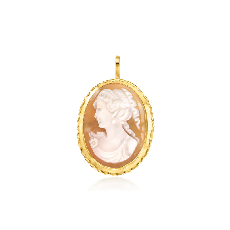 Oval 18kt yellow gold cameo pendant with left-facing profile in brown shell