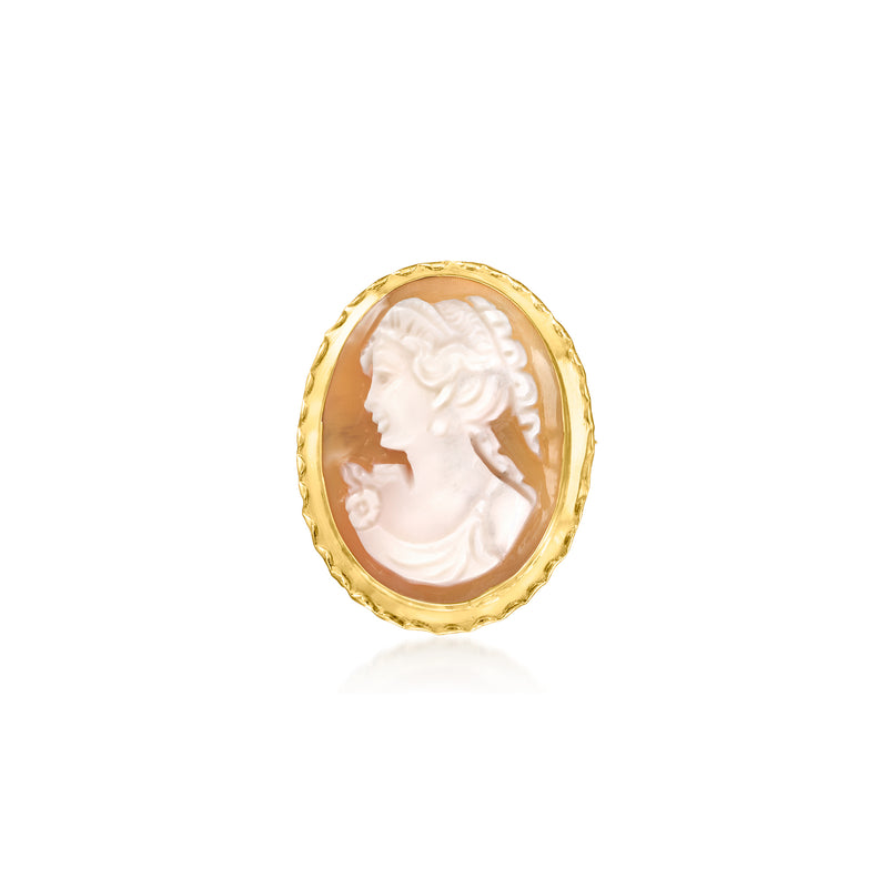 Oval 18kt yellow gold cameo pendant, left-facing profile cameo in brown shell