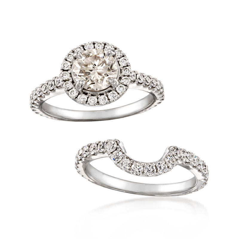 Diamond bridal ring set in white gold with halo engagement ring and matching curved band