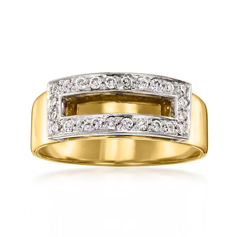 Vintage 14kt yellow gold diamond ring with rectangular open center and pavé-set diamond borders