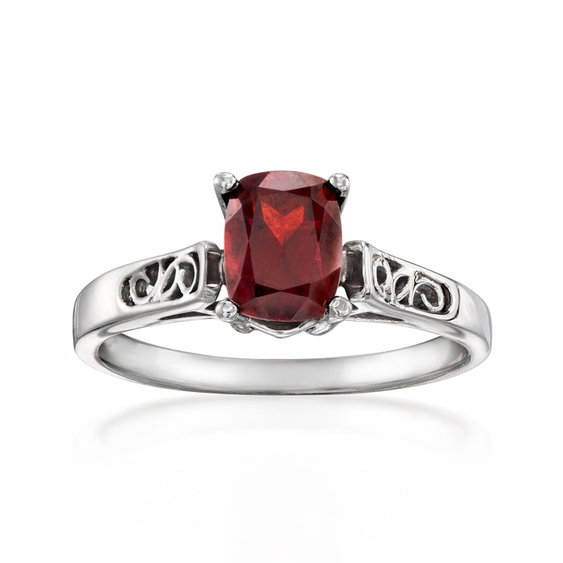 14kt white gold ring with red garnet cushion center and split scroll band