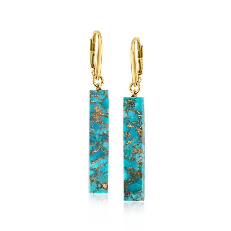 Gold leverback bar drop earrings with turquoise stone in blue-green veining