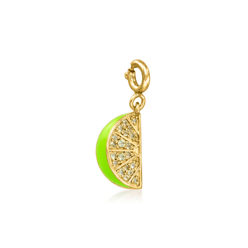 Lime wedge charm in gold with green enamel and peridot accents