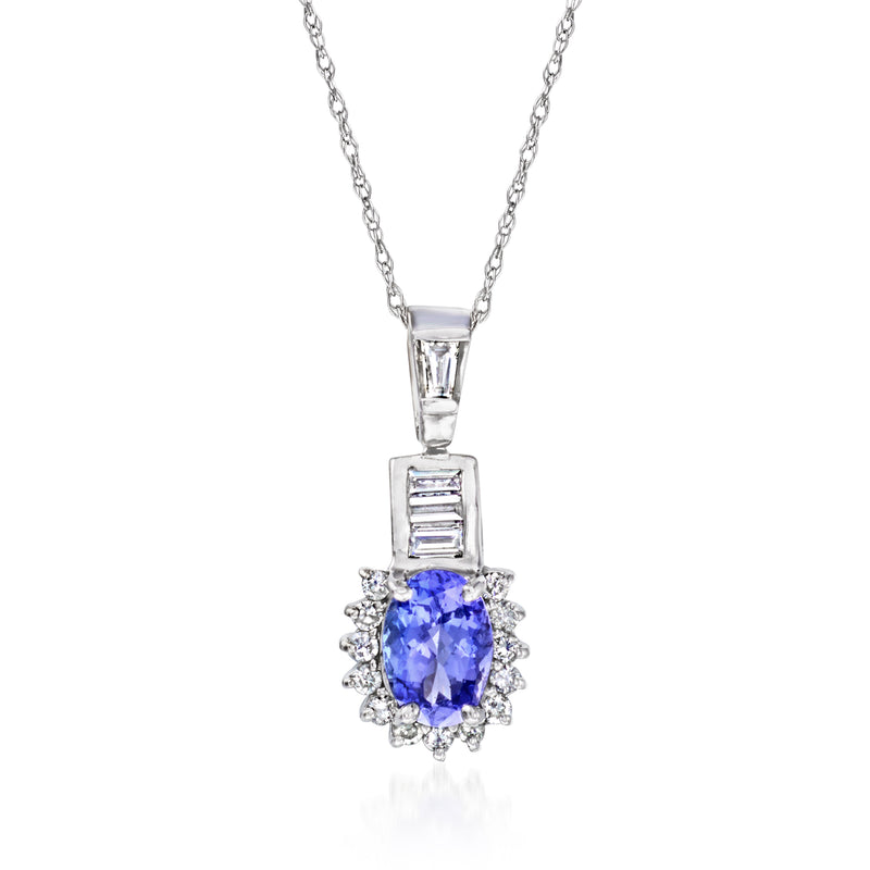 14kt white gold pendant necklace with blue oval tanzanite and diamond halo