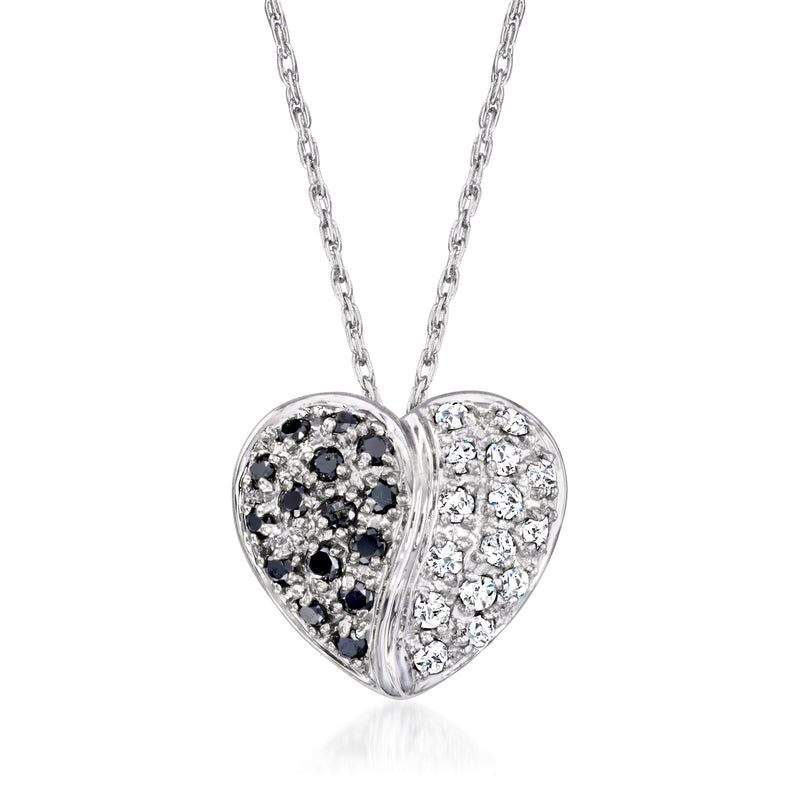 Heart diamond pendant necklace with black and white stones in white gold, on chain