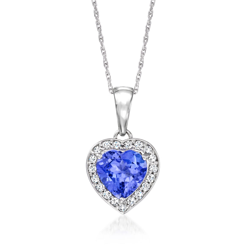 Platinum heart pendant necklace with blue tanzanite and diamond halo on a fine chain