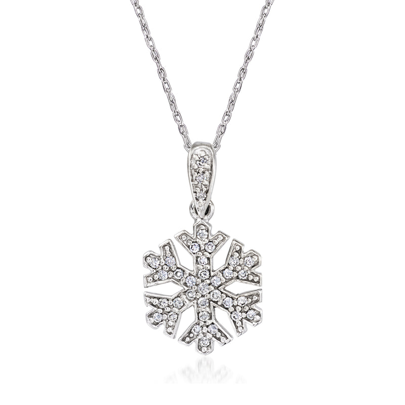 Vintage diamond snowflake pendant necklace in 14kt white gold, detailed cluster snowflake