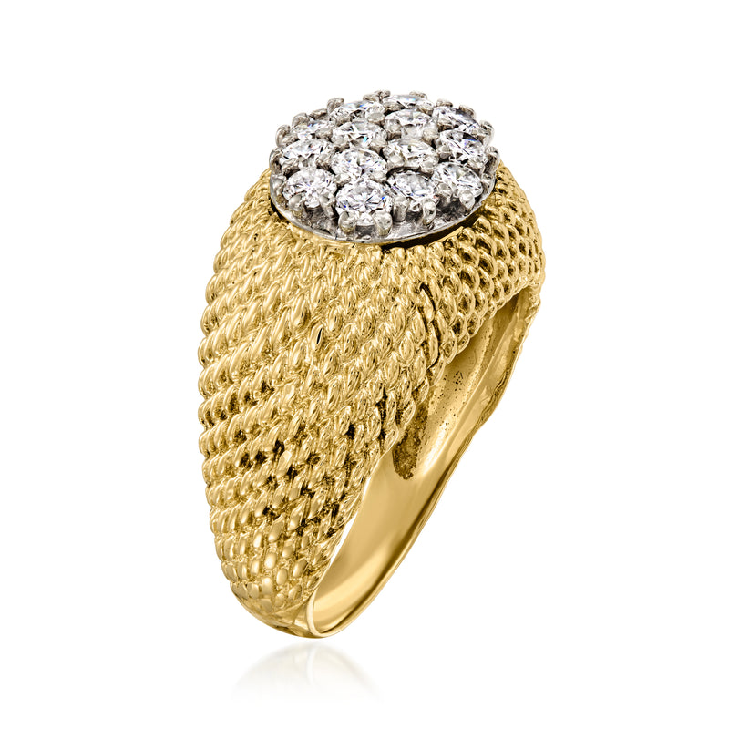 Yellow gold mesh textured ring with raised oval diamond cluster