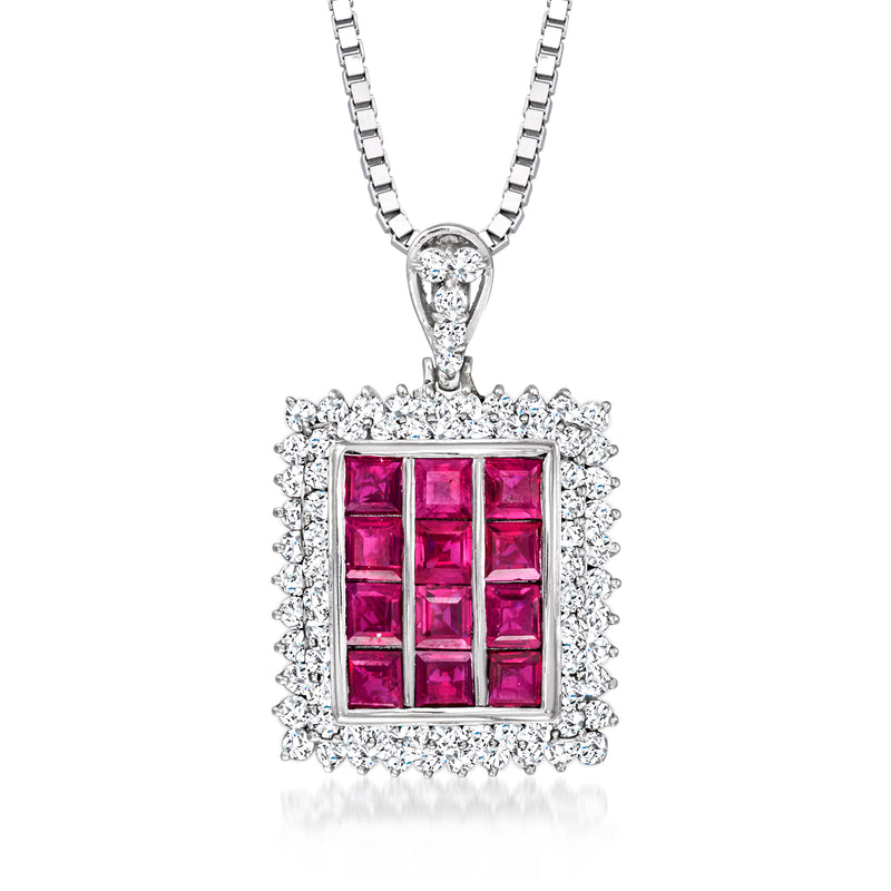 Platinum pendant necklace with square ruby center and diamond halo, on link chain.